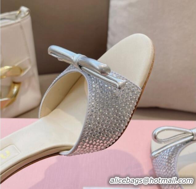 Pretty Style Miu Miu Satin Heel Slide Sandals 10.5cm with Crystals and Bow Silver 129048