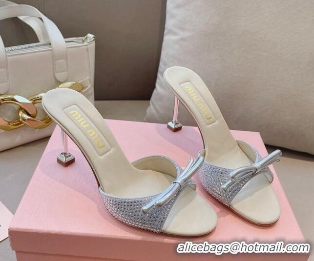 Pretty Style Miu Miu Satin Heel Slide Sandals 10.5cm with Crystals and Bow Silver 129048