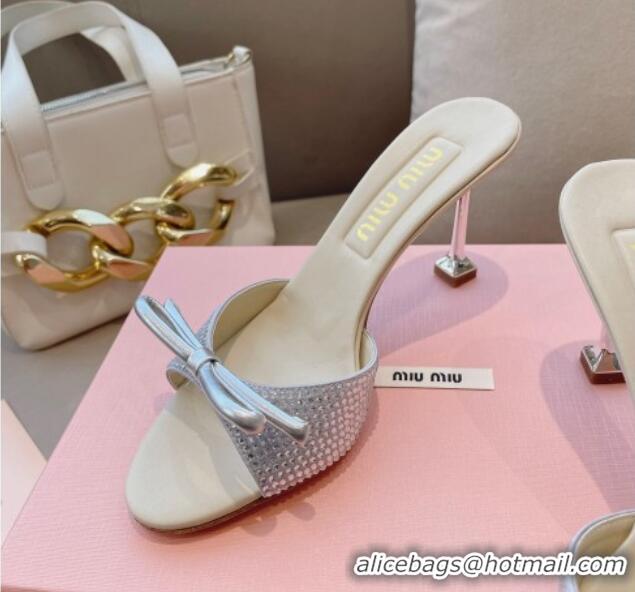 Pretty Style Miu Miu Satin Heel Slide Sandals 10.5cm with Crystals and Bow Silver 129048