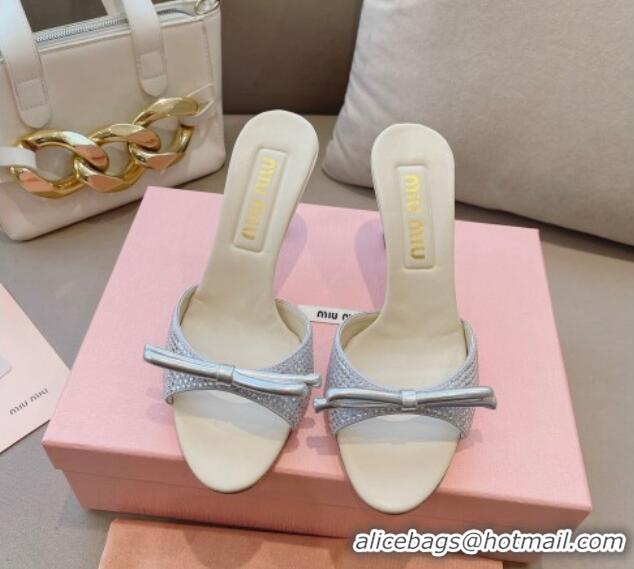 Pretty Style Miu Miu Satin Heel Slide Sandals 10.5cm with Crystals and Bow Silver 129048