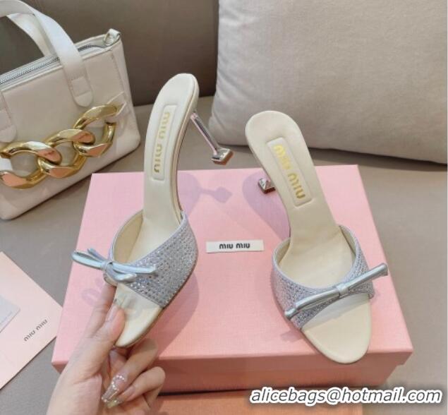 Pretty Style Miu Miu Satin Heel Slide Sandals 10.5cm with Crystals and Bow Silver 129048