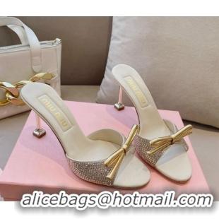 Top Grade Miu Miu Satin Heel Slide Sandals 10.5cm with Crystals with Bow Gold 129049