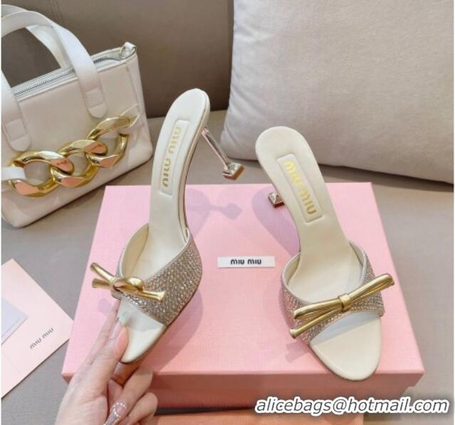 Top Grade Miu Miu Satin Heel Slide Sandals 10.5cm with Crystals with Bow Gold 129049