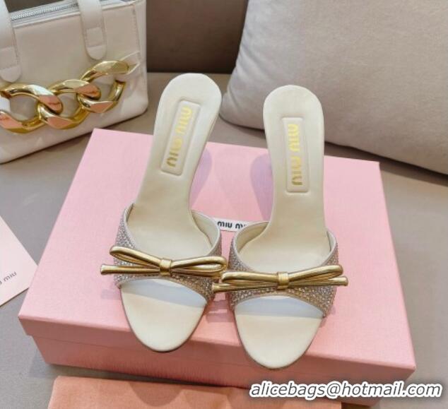 Top Grade Miu Miu Satin Heel Slide Sandals 10.5cm with Crystals with Bow Gold 129049