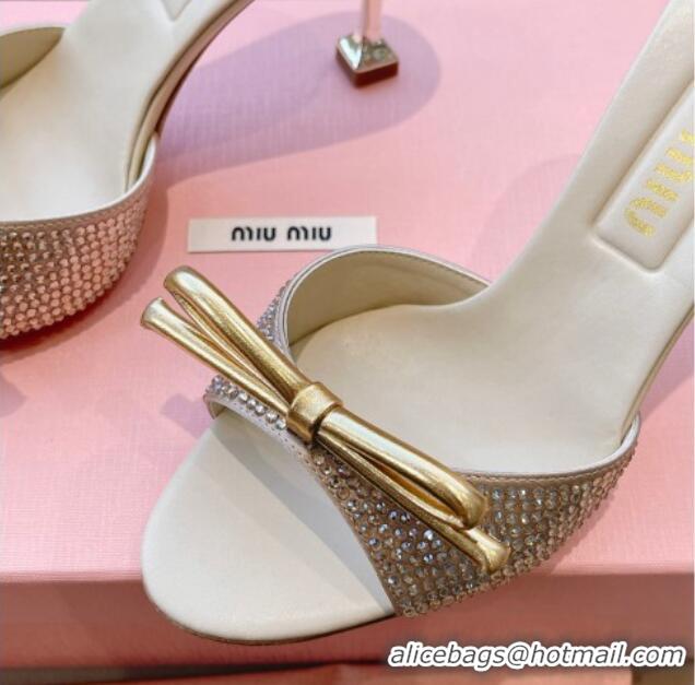 Top Grade Miu Miu Satin Heel Slide Sandals 10.5cm with Crystals with Bow Gold 129049