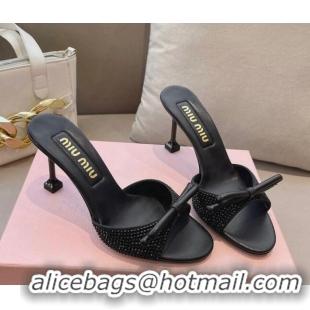 Best Grade Miu Miu Satin Heel Slide Sandals 10.5cm with Crystals with Bow Black 129050