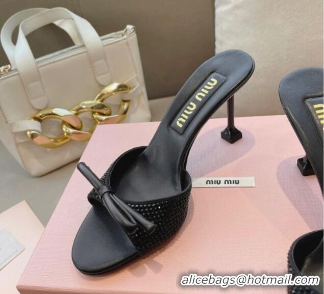 Best Grade Miu Miu Satin Heel Slide Sandals 10.5cm with Crystals with Bow Black 129050