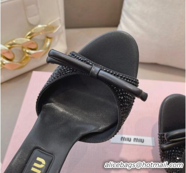 Best Grade Miu Miu Satin Heel Slide Sandals 10.5cm with Crystals with Bow Black 129050