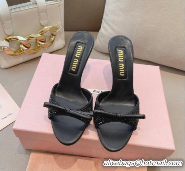 Best Grade Miu Miu Satin Heel Slide Sandals 10.5cm with Crystals with Bow Black 129050