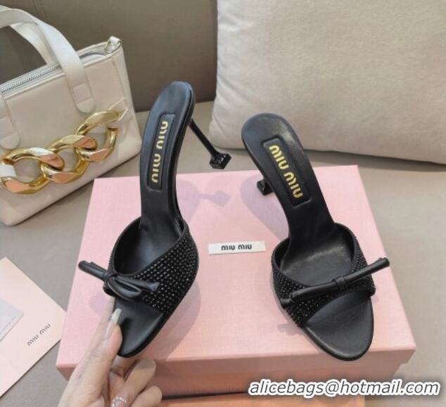 Best Grade Miu Miu Satin Heel Slide Sandals 10.5cm with Crystals with Bow Black 129050