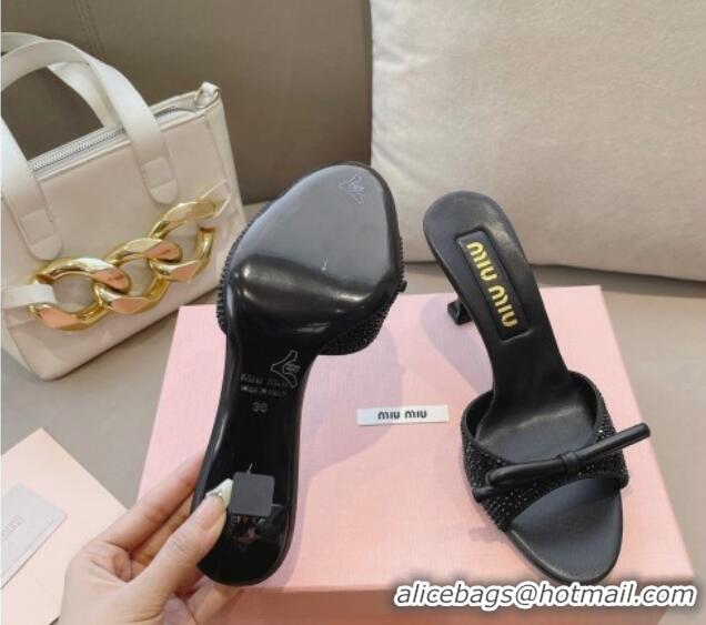 Best Grade Miu Miu Satin Heel Slide Sandals 10.5cm with Crystals with Bow Black 129050