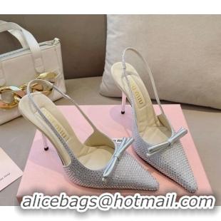 Grade Quality Miu Miu Satin Slingback Pumps 10.5cm with Crystals and Bow Silver 129052