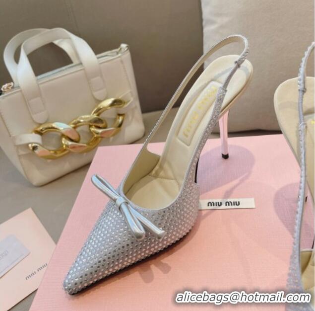 Grade Quality Miu Miu Satin Slingback Pumps 10.5cm with Crystals and Bow Silver 129052