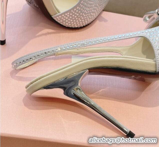 Grade Quality Miu Miu Satin Slingback Pumps 10.5cm with Crystals and Bow Silver 129052