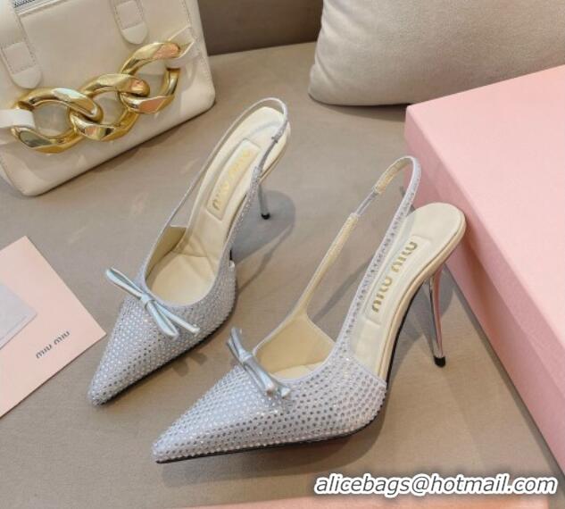 Grade Quality Miu Miu Satin Slingback Pumps 10.5cm with Crystals and Bow Silver 129052