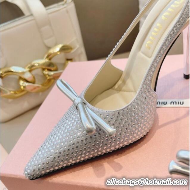 Grade Quality Miu Miu Satin Slingback Pumps 10.5cm with Crystals and Bow Silver 129052