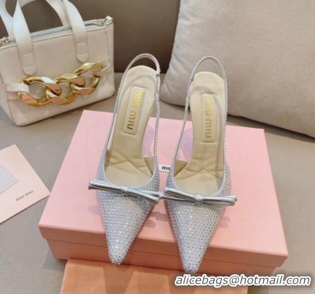 Grade Quality Miu Miu Satin Slingback Pumps 10.5cm with Crystals and Bow Silver 129052