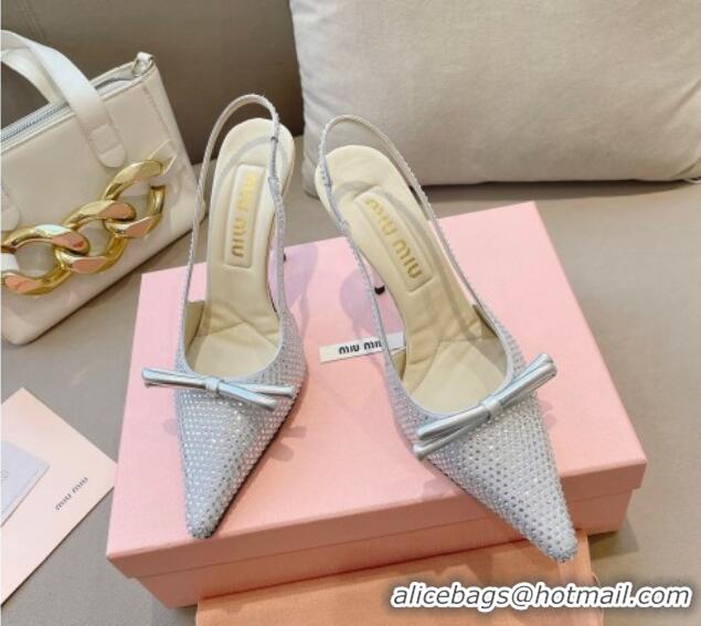 Grade Quality Miu Miu Satin Slingback Pumps 10.5cm with Crystals and Bow Silver 129052