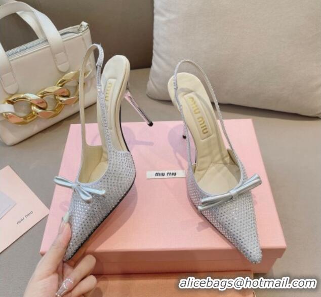 Grade Quality Miu Miu Satin Slingback Pumps 10.5cm with Crystals and Bow Silver 129052