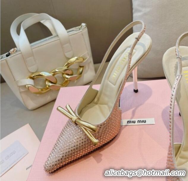 Good Looking Miu Miu Satin Slingback Pumps 10.5cm with Crystals and Bow Champagne 0129051