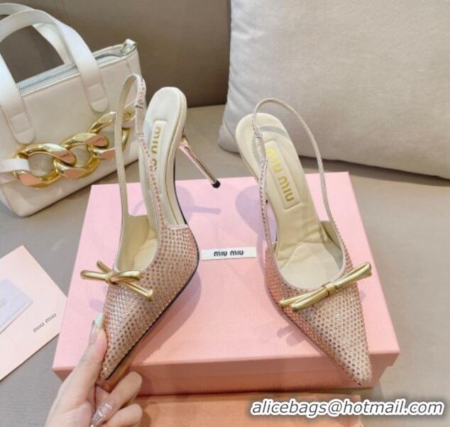 Good Looking Miu Miu Satin Slingback Pumps 10.5cm with Crystals and Bow Champagne 0129051