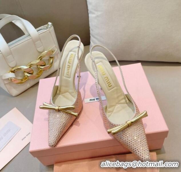 Good Looking Miu Miu Satin Slingback Pumps 10.5cm with Crystals and Bow Champagne 0129051