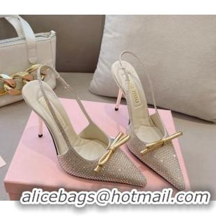 Shop Duplicate Miu Miu Satin Slingback Pumps 10.5cm with Crystals and Bow Gold 0129054