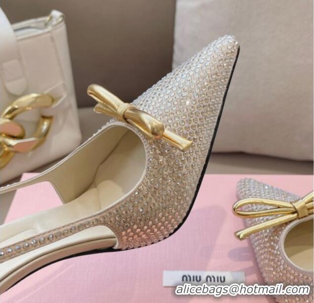 Shop Duplicate Miu Miu Satin Slingback Pumps 10.5cm with Crystals and Bow Gold 0129054