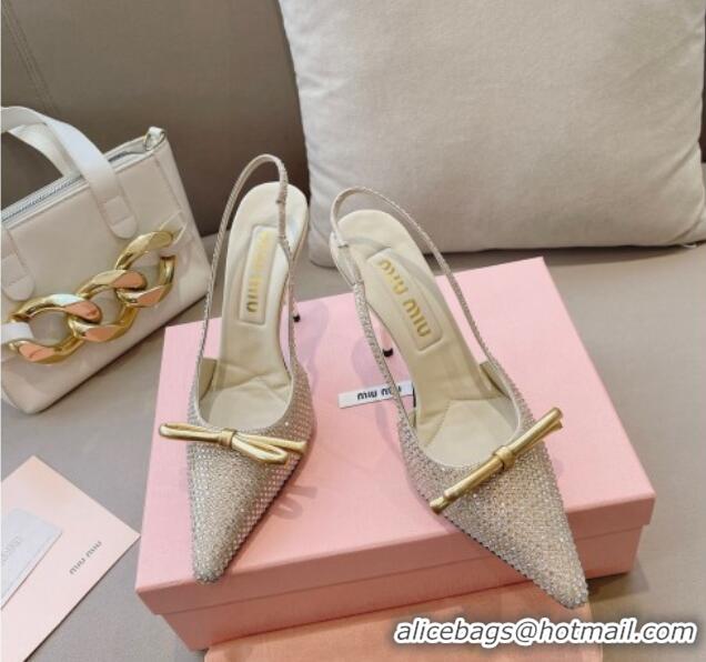 Shop Duplicate Miu Miu Satin Slingback Pumps 10.5cm with Crystals and Bow Gold 0129054