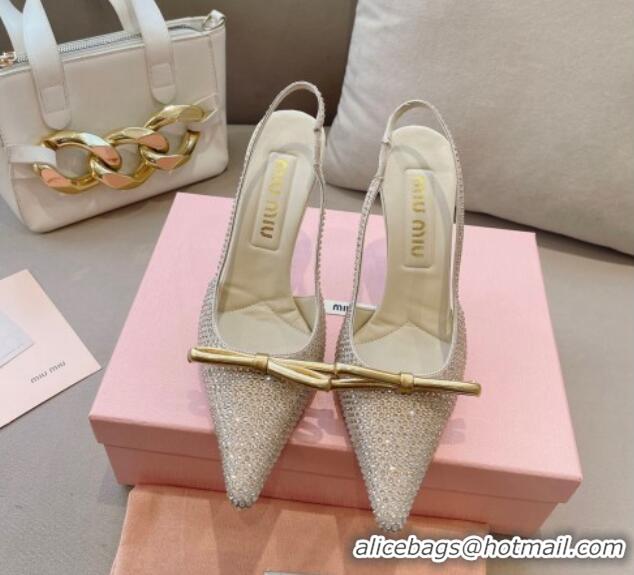 Shop Duplicate Miu Miu Satin Slingback Pumps 10.5cm with Crystals and Bow Gold 0129054