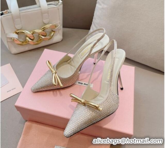 Shop Duplicate Miu Miu Satin Slingback Pumps 10.5cm with Crystals and Bow Gold 0129054