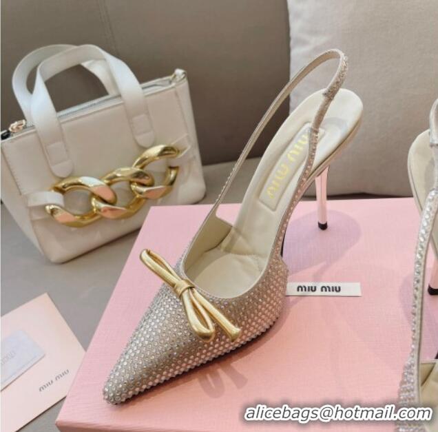 Shop Duplicate Miu Miu Satin Slingback Pumps 10.5cm with Crystals and Bow Gold 0129054