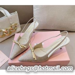 Best Price Miu Miu Satin Slingback Pumps 5.5cm with Crystals and Bow Gold 0129055