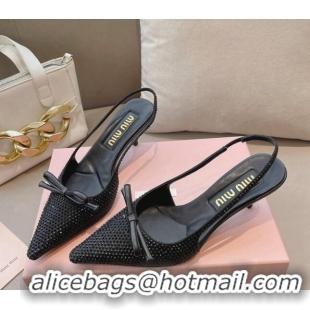 Good Quality Miu Miu Satin Slingback Pumps 5.5cm with Crystals and Bow Black 0129056