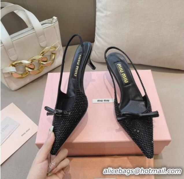 Good Quality Miu Miu Satin Slingback Pumps 5.5cm with Crystals and Bow Black 0129056