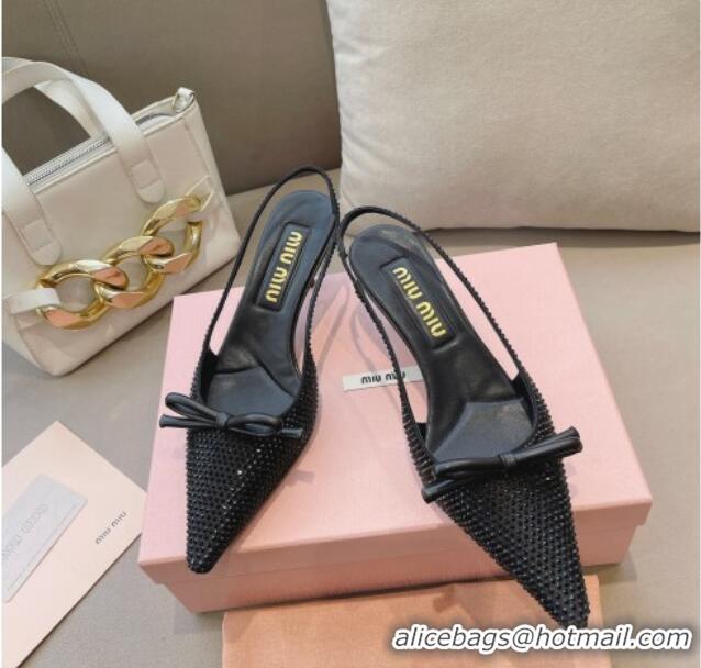 Good Quality Miu Miu Satin Slingback Pumps 5.5cm with Crystals and Bow Black 0129056