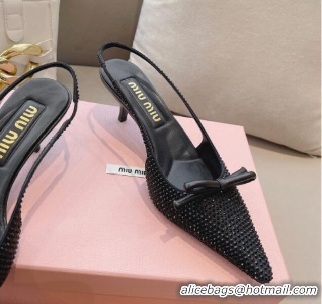 Good Quality Miu Miu Satin Slingback Pumps 5.5cm with Crystals and Bow Black 0129056