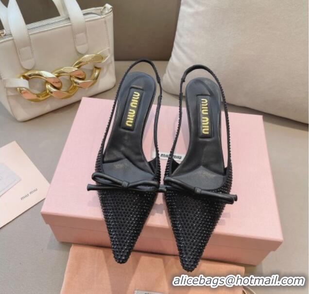 Good Quality Miu Miu Satin Slingback Pumps 5.5cm with Crystals and Bow Black 0129056