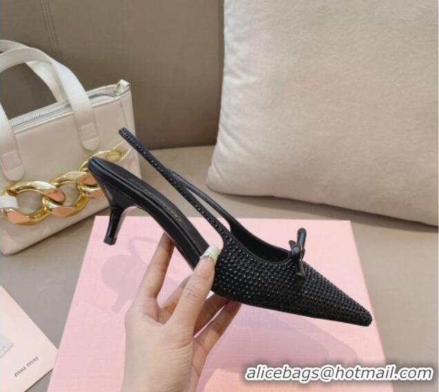 Good Quality Miu Miu Satin Slingback Pumps 5.5cm with Crystals and Bow Black 0129056