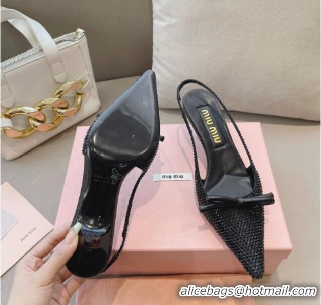 Good Quality Miu Miu Satin Slingback Pumps 5.5cm with Crystals and Bow Black 0129056