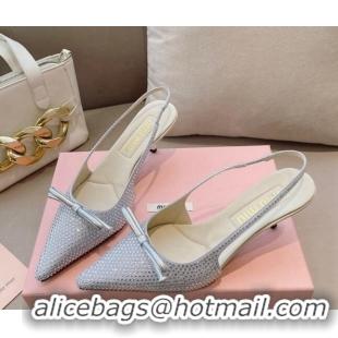 Top Design Miu Miu Satin Slingback Pumps 5.5cm with Crystals and Bow Silver 129057