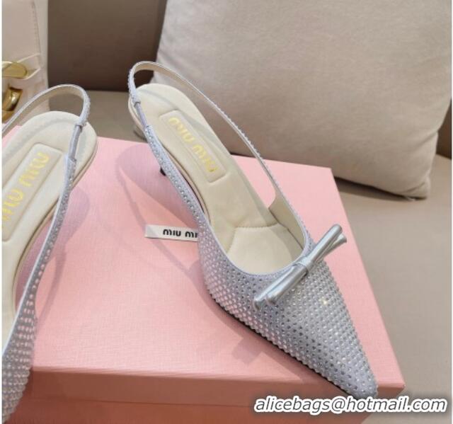 Top Design Miu Miu Satin Slingback Pumps 5.5cm with Crystals and Bow Silver 129057