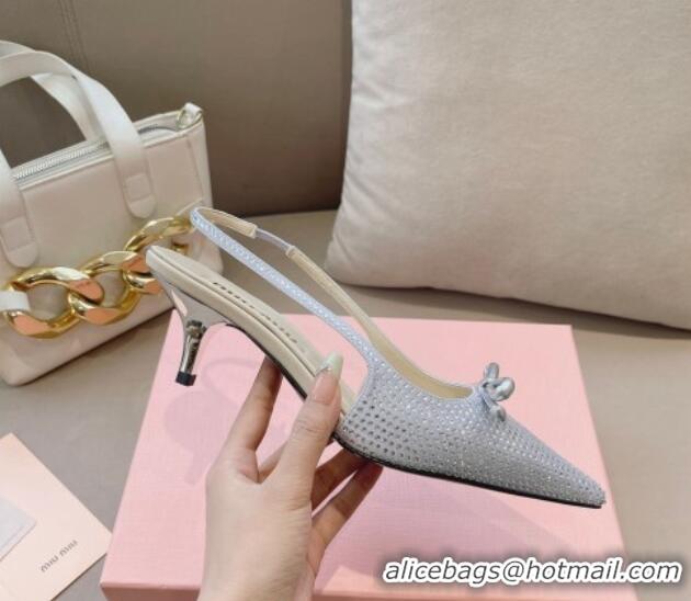 Top Design Miu Miu Satin Slingback Pumps 5.5cm with Crystals and Bow Silver 129057