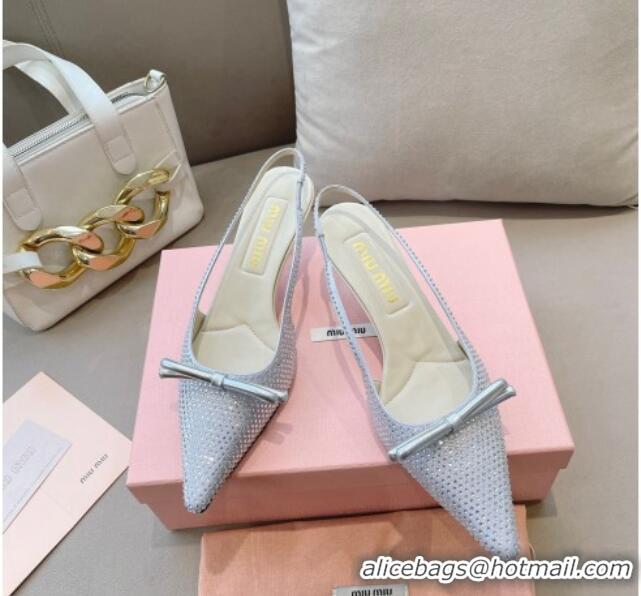 Top Design Miu Miu Satin Slingback Pumps 5.5cm with Crystals and Bow Silver 129057