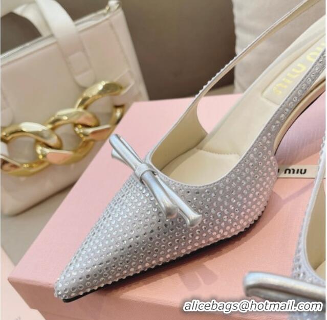 Top Design Miu Miu Satin Slingback Pumps 5.5cm with Crystals and Bow Silver 129057