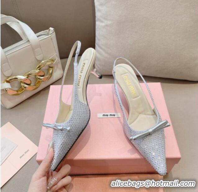 Top Design Miu Miu Satin Slingback Pumps 5.5cm with Crystals and Bow Silver 129057