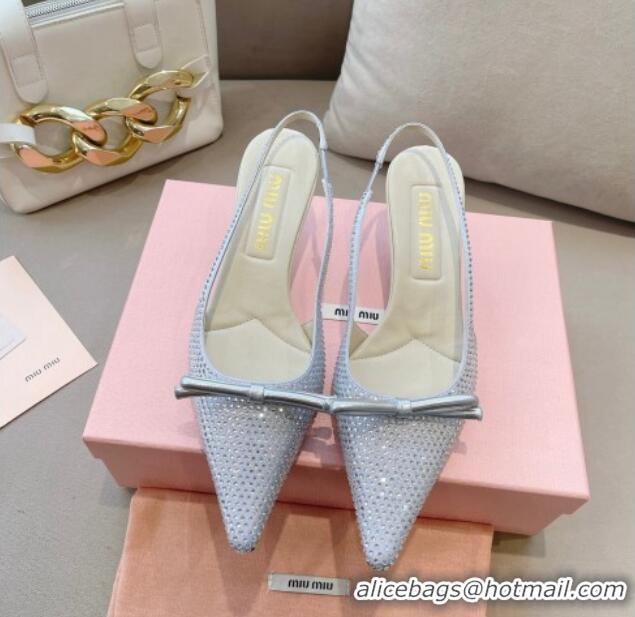 Top Design Miu Miu Satin Slingback Pumps 5.5cm with Crystals and Bow Silver 129057