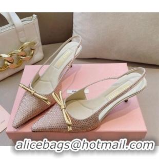 Low Price Miu Miu Satin Slingback Pumps 5.5cm with Crystals and Bow Champagne 129058