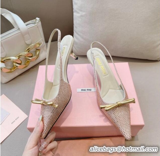 Low Price Miu Miu Satin Slingback Pumps 5.5cm with Crystals and Bow Champagne 129058