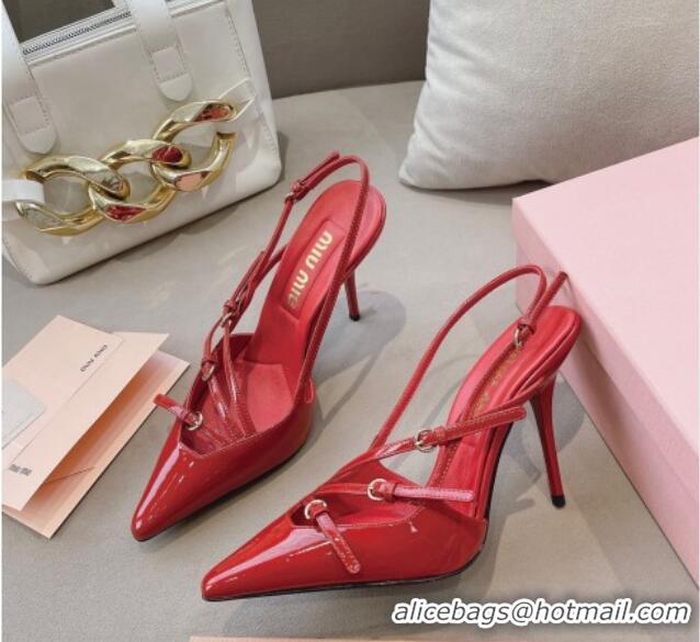 Classic Hot Miu Miu Patent leather slingbacks Pumps 10.5cm with buckles Red 129059